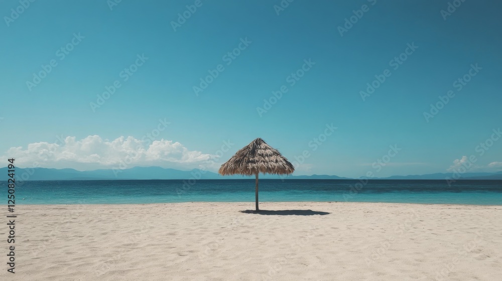 Serene beach scene featuring a solitary thatched umbrella on sandy shore under clear blue sky Serene beach scene featuring a solitary thatched umbrella on sandy shore under clear blue sky