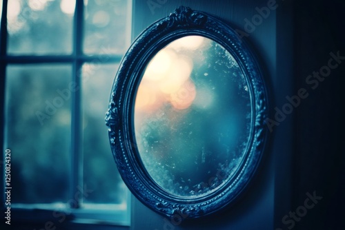 Old oval mirror reflecting sunset light through window