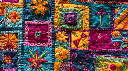 A Kaleidoscope of Stitch Patterns: A Vibrant Quilt Displaying Intricate and Diverse Motifs in Harmonious Colors photo