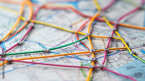 close up of colorful bus route map featuring vibrant lines and connections, showcasing complexity of urban transportation. intricate design highlights various routes and stops