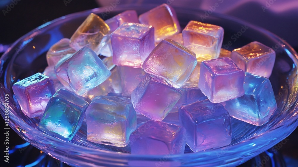 Illuminated ice cubes bowl, dark background, party setting, drinks