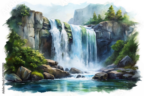 Beautiful waterfall scene, serene nature landscape, vibrant greenery, tranquil water flow, artistic watercolor style.