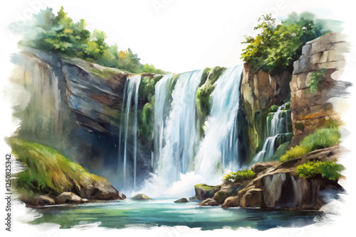 Beautiful waterfall scene, lush greenery, serene nature landscape, vibrant watercolor style, tranquil outdoor setting.