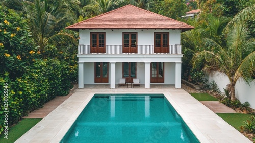 Wallpaper Mural A modern villa with a pool, surrounded by lush greenery, showcasing tropical architecture and serene outdoor living. Torontodigital.ca