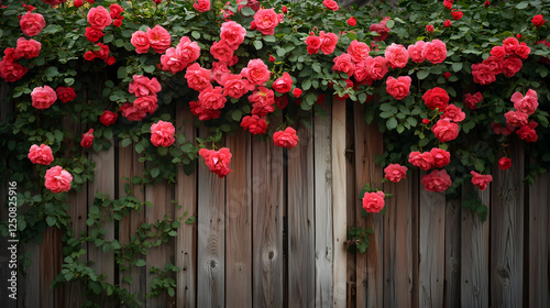wooden fence covered in climbing roses, with a small wooden gate leading to a lush garden 
