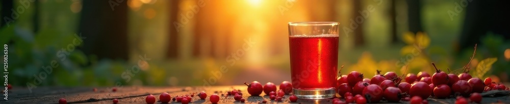 Sunrise forest, glass of juice, vibrant rowan berries , background, food, plant Sunrise forest, glass of juice, vibrant rowan berries , background, food, plant