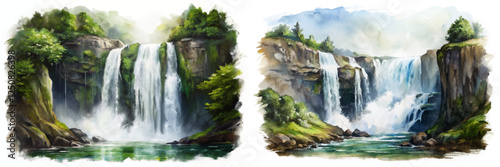 Beautiful watercolor waterfall, lush green landscape, serene nature scene, tranquil water flow, artistic representation.