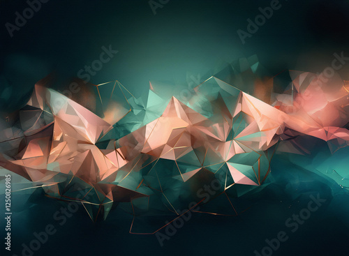 Abstract polygonal shapes in peach tones on a dark teal background create a modern, artistic background.