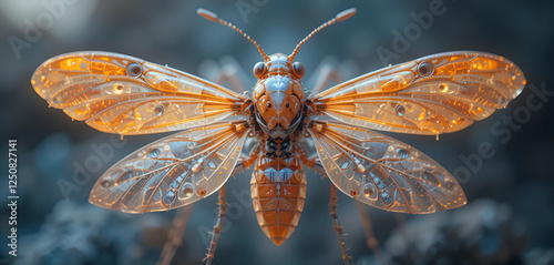 Macro shot of a robotic insect with bioengineered wings, 8K resolution, showcasing translucent programmable tissue, ultra-fine joint mechanics, and soft adaptive lighting.
 photo