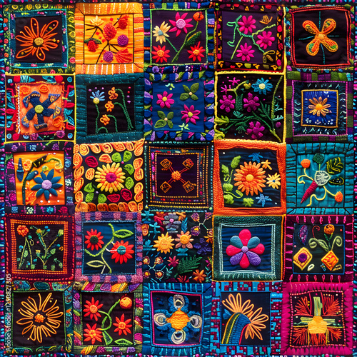 A Kaleidoscope of Stitch Patterns: A Vibrant Quilt Displaying Intricate and Diverse Motifs in Harmonious Colors photo