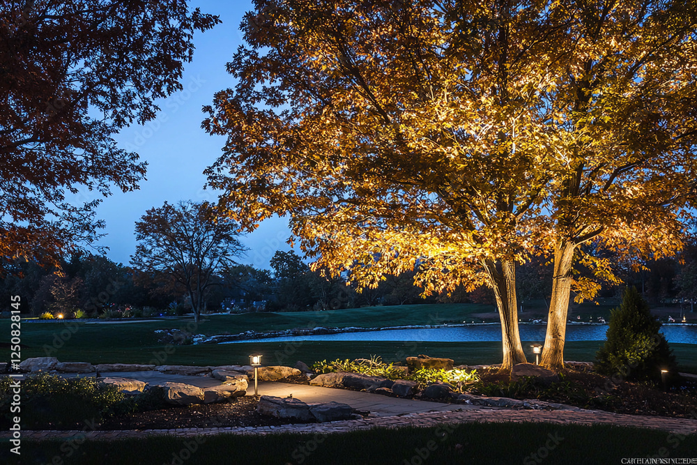 Garden lights highlight autumn leaves by lake Garden lights highlight autumn leaves by lake