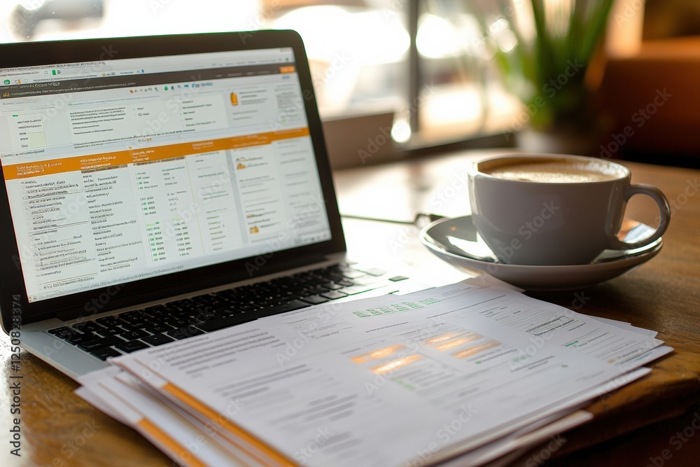 Obraz premium Stacks of improvement invoices beside a laptop and a steaming cup of coffee. Generative AI