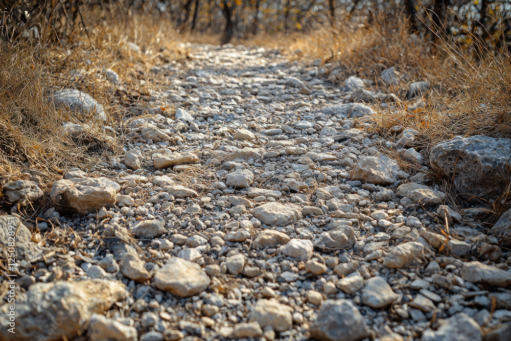 Fototapeta premium Rocky path through dry grass field in autumn forest