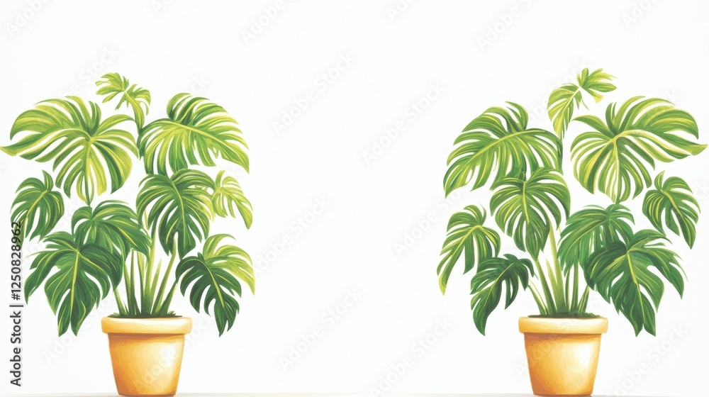 Fototapeta premium Two potted plants with large green leaves against a white background.