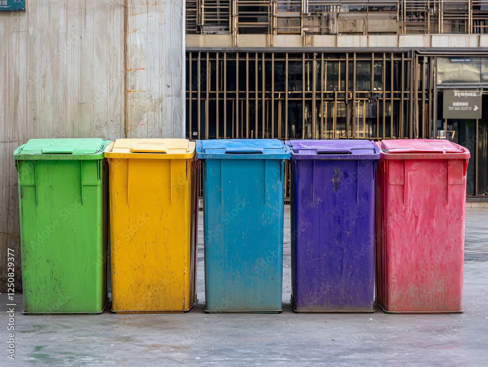 Colorful recycling bins lined up in urban setting, promoting waste separation and environmental awareness. These bins are essential for sustainable living Colorful recycling bins lined up in urban setting, promoting waste separation and environmental awareness. These bins are essential for sustainable living