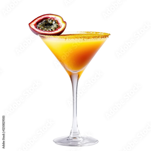 Isolated Tropical Cocktail in Martini Glass Garnished with Passion Fruit