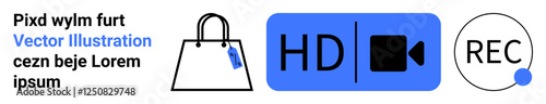 Shopping bag with tag, HD video camera icon, and live REC button. Ideal for e-commerce, video marketing, media, streaming, shopping apps, advertising content creation flat landing page banner