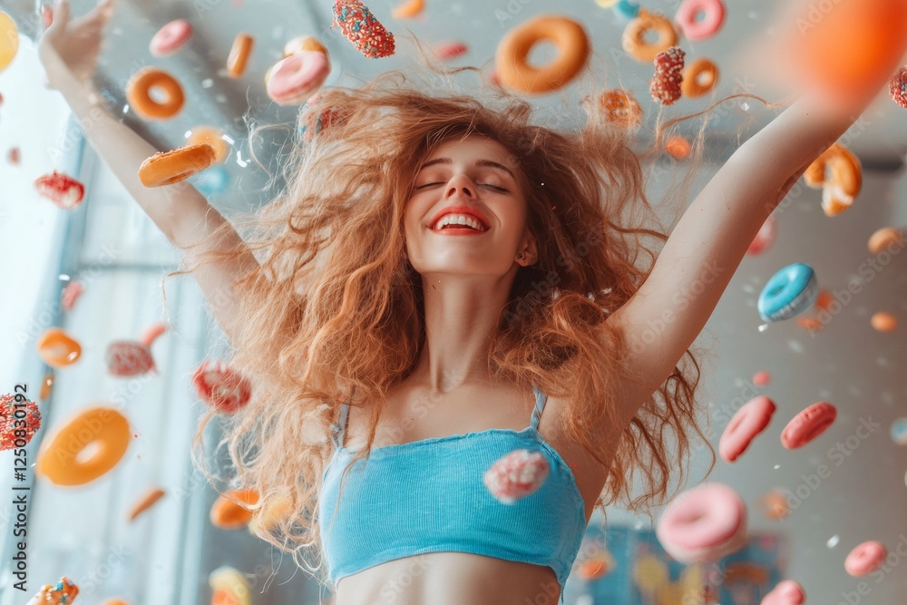 Fototapeta premium Happy woman with open arms enjoying falling doughnuts