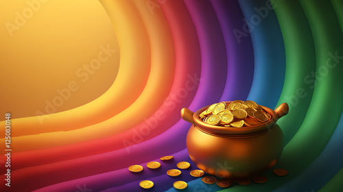 A vibrant illustration of a pot filled with gold coins against a colorful rainbow background, symbolizing wealth, prosperity, and abundance in a whimsical and imaginative way.