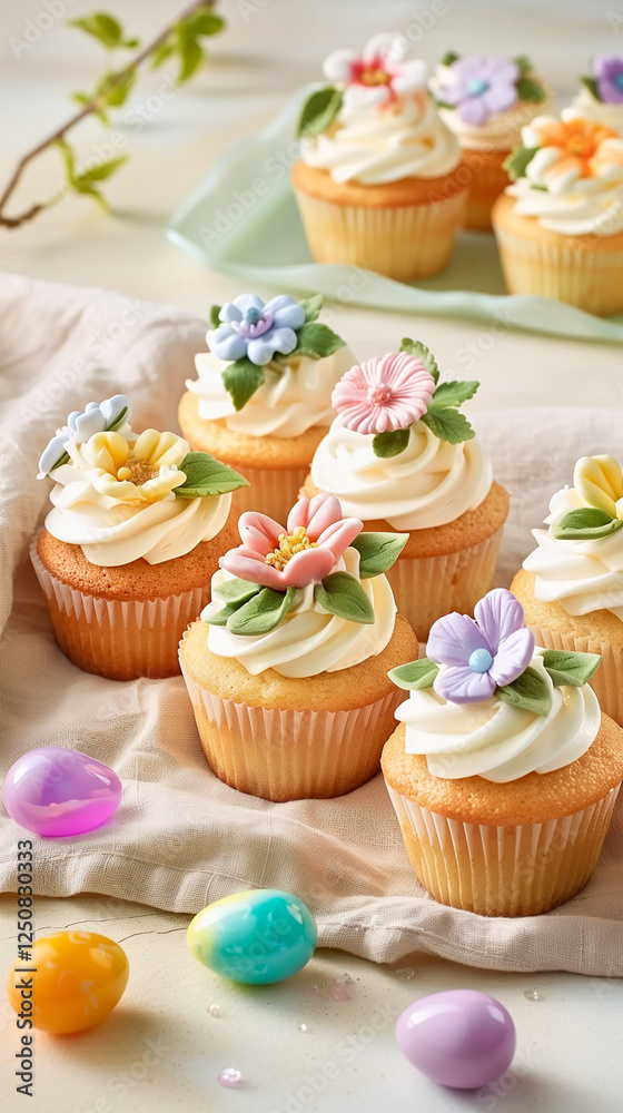 A table with a bunch of cupcakes with flowers on them A table with a bunch of cupcakes with flowers on them