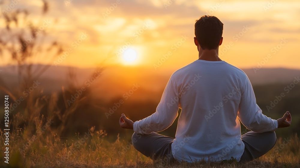 Man Practicing Meditation at Sunset Surrounded by Nature and Serenity : Generative AI