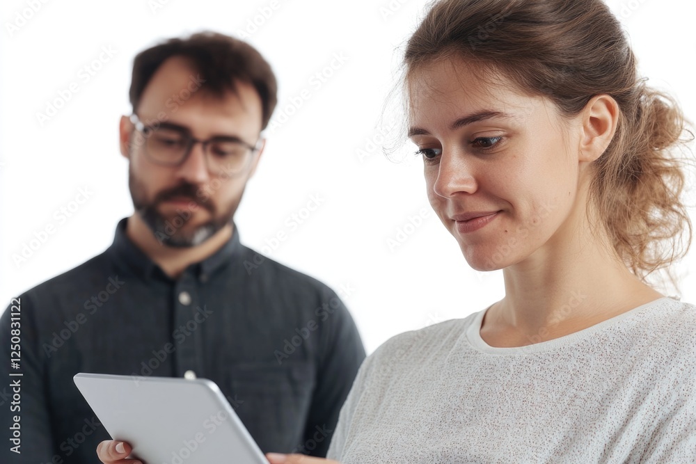 A man and a woman sitting together, both looking at a tablet A man and a woman sitting together, both looking at a tablet