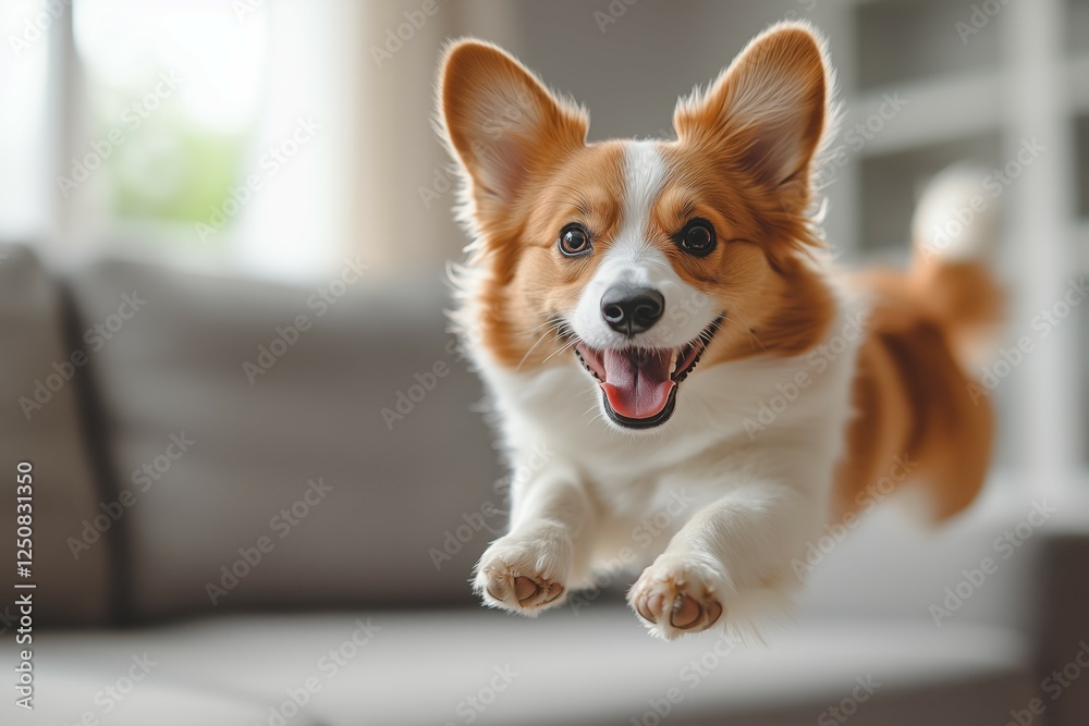 Happy, fluffy dog mid-air with a bright, cheerful expression.. Happy, fluffy dog mid-air with a bright, cheerful expression..