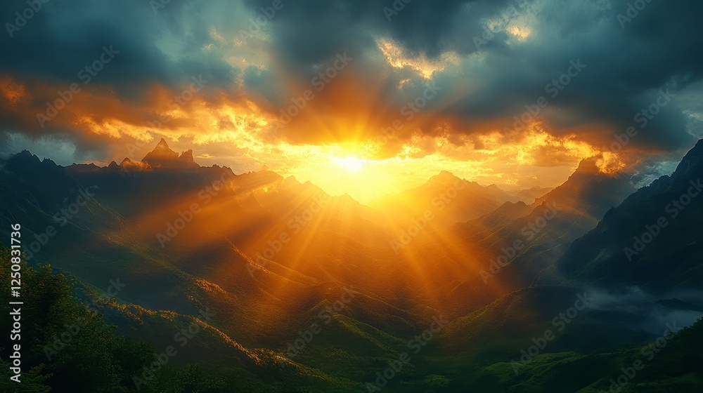 Majestic sunset over mountain range, dramatic cloudscape. Landscape photography for travel brochures Majestic sunset over mountain range, dramatic cloudscape. Landscape photography for travel brochures