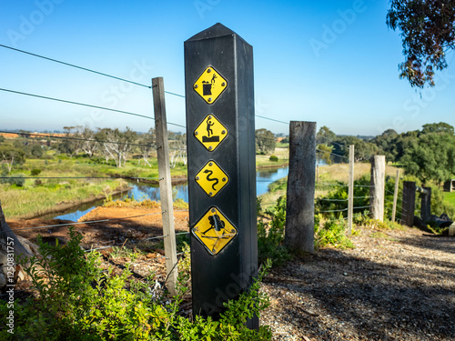 A warning signpost with multiple caution symbols stands near a path near Werribee River, indicating potential hazards including snakes,falling tree branches, unprotected cliff edge and uneven Surface