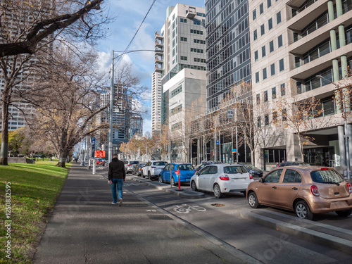 Schilderij op canvas Urban street along Melbourne's La Trobe street with modern high-rise apartment a