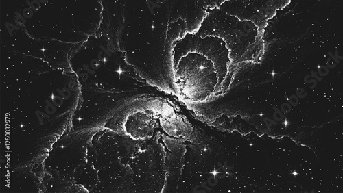 Deep space scene background in stippling style with glowing stars cluster and mesmerizing huge nebula as stellar nursery where stars are born. Dotwork. Pointillism. Noisy shading using dots. Vector