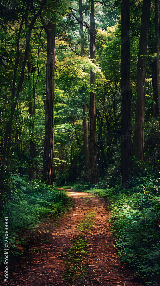 Naklejka premium Tranquil Pathways: A Peaceful Walk Through Serene Forest Trails Touched by Gentle Sunlight