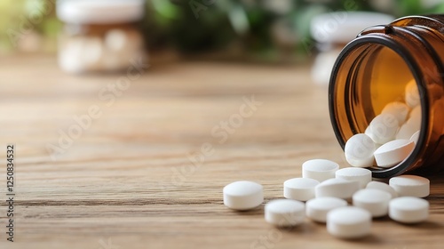 Close up view of white pills spilling from a brown glass medicine bottle on a wooden table : Generative AI photo