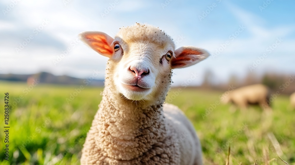 Fototapeta premium Closeup of a cheerful sheep grazing in a lush green field under a sunny blue sky : Generative AI