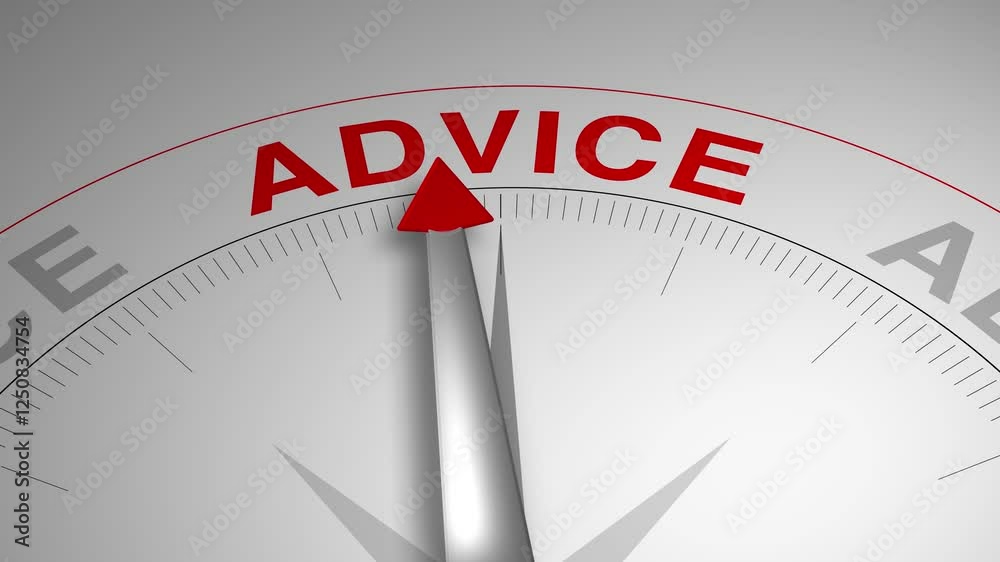 Advice text or word with a gauge arrow on a compass, representing guidance and direction on a clean white background. Ideal for business, coaching, consulting, and self-improvement concept Advice text or word with a gauge arrow on a compass, representing guidance and direction on a clean white background. Ideal for business, coaching, consulting, and self-improvement concept