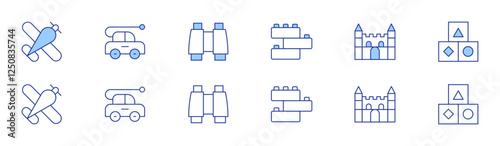 Toys icon set in two styles, Duotone and Thin Line style. Editable stroke. brick, castle, plane, car, cubes, binoculars