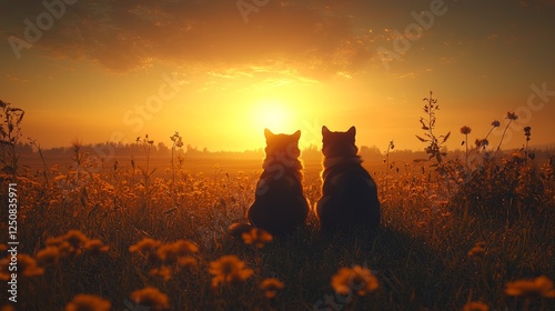 Cats watching sunset in a field