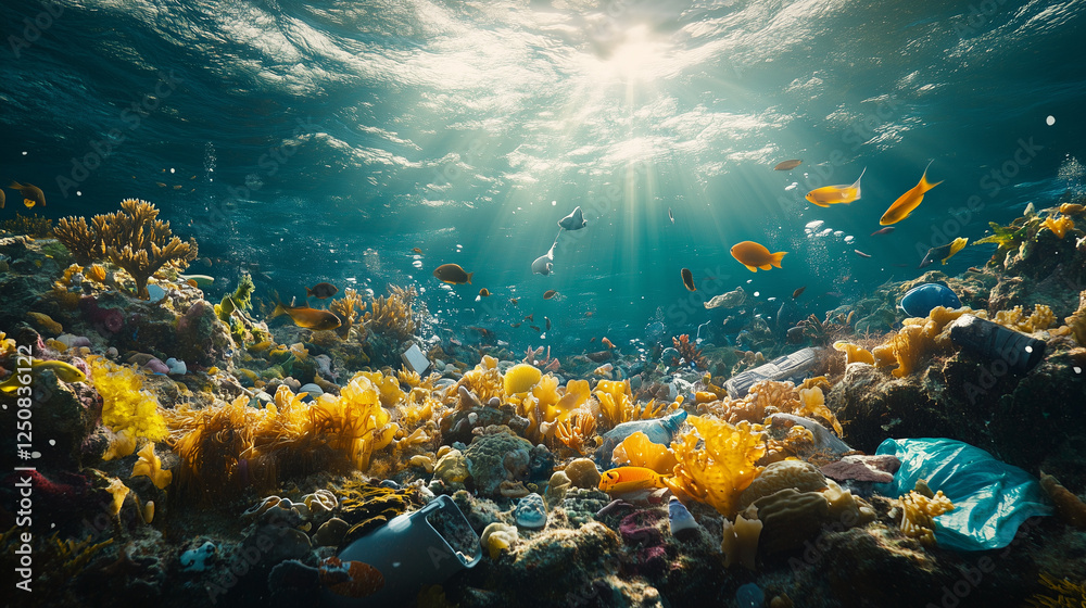 Fototapeta premium Coral with only trash surrounding it It's a bad underwater environment.