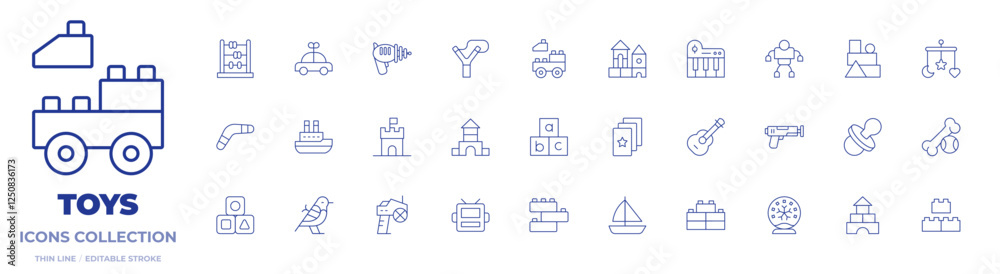 Toys icons collection. Thin Line icons, editable stroke. abacus, boat, boomerang, car, laser gun, photo camera, slingshot, toy castle, abc, block, blocks, cards Toys icons collection. Thin Line icons, editable stroke. abacus, boat, boomerang, car, laser gun, photo camera, slingshot, toy castle, abc, block, blocks, cards