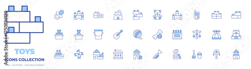 Toys icons collection. Line Duotone style, editable stroke. boat, guitar, bone, drum, trumpet, pinwheel, jenga, blocks, bucket, toy, crib toy, pail, wool ball, pencil