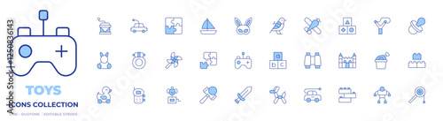 Toys icons collection. Line Duotone style, editable stroke. puzzle, abc, rabbit, surprise box, sword, walkie talkie, balloon dog, toy windmill, duck, remote control, kindama, ring