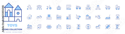 Toys icons collection. Line Duotone style, editable stroke. robot mask, cards, piano, block, bricks, toy train, rubber duck, scratcher, fish, scratching post, remote control