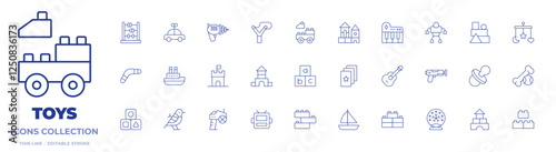 Toys icons collection. Thin Line icons, editable stroke. abacus, boat, boomerang, car, laser gun, photo camera, slingshot, toy castle, abc, block, blocks, cards