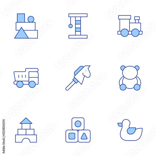 Toys icons set. Line Duotone style, editable stroke. blocks, brick, truck, horse, toy train, duck, bear, scratching post