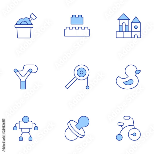 Toys icons set. Line Duotone style, editable stroke. slingshot, robot, block, babies, rubber duck, toy, sand bucket, bike