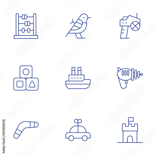 Toys icons set. Thin Line style, editable stroke. abacus, bird, blocks, boat, boomerang, car, game controller, laser gun, photo camera