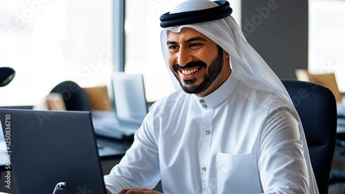 Middle aged businessman Arabic sheikh smiling in office, arabic, middle east concept.