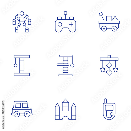 Toys icons set. Thin Line style, editable stroke. cart, robot, scratching post, toy car, remote control, scratcher, toy blocks, crib toy, cell phone