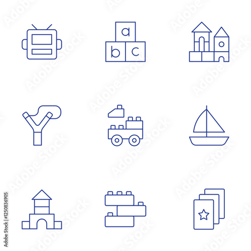 Toys icons set. Thin Line style, editable stroke. robot mask, slingshot, toy castle, abc, block, blocks, boat, brick, cards