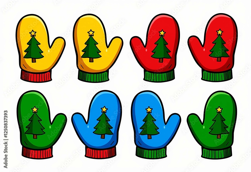 Obraz premium New Year's Mittens with Christmas Trees: A Festive and Animated Collection of Mitts Interspersed with Yellow, Red, Blue, and Green on a Crisp White Background, Holiday Theme.
